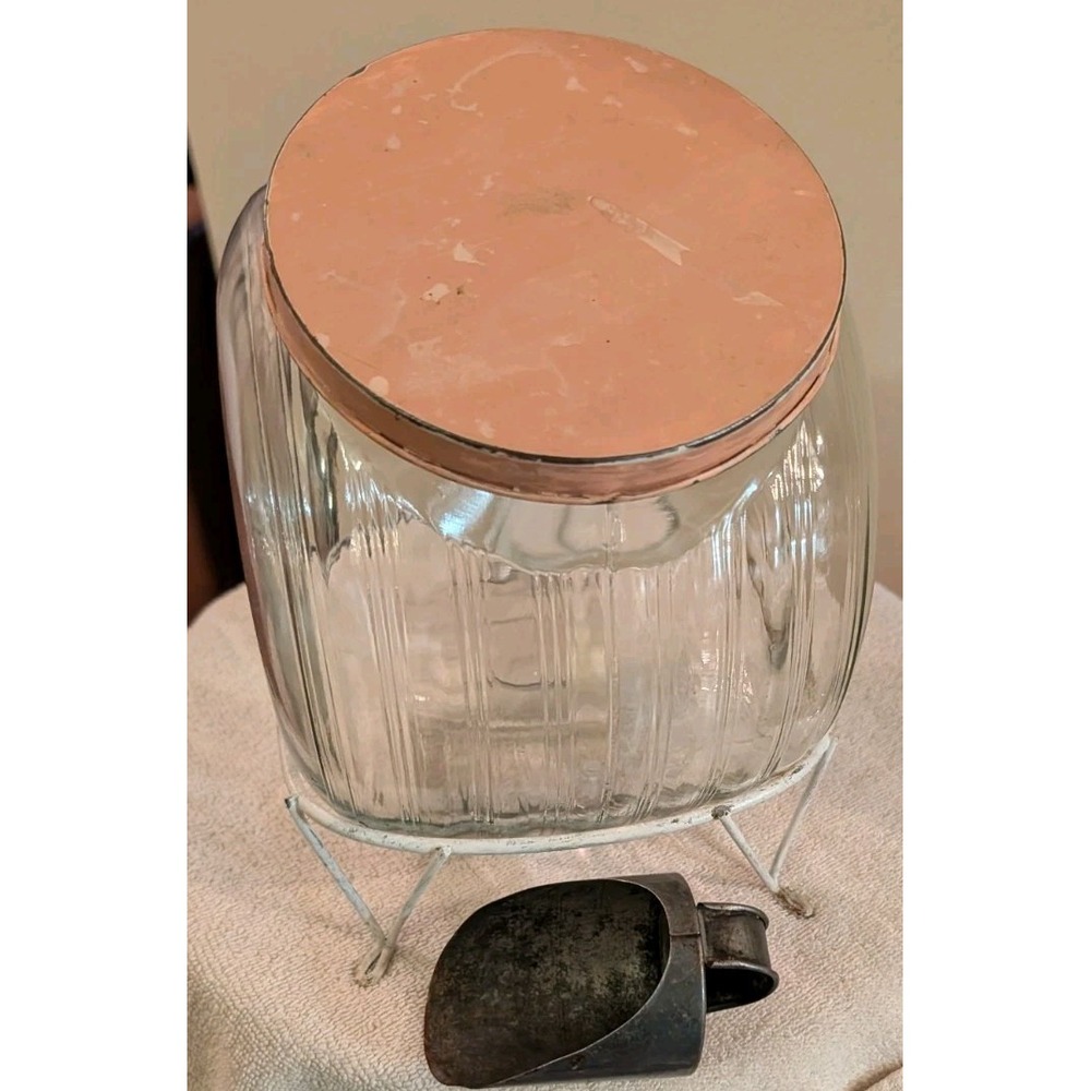 Antique Glass Jar Canister w/ Tin Lid & Scoop & Wire Stand Sellers Hoosier  S